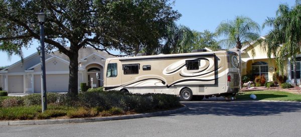 A RV is parked in a cul-de-sac in the Village of Winifred