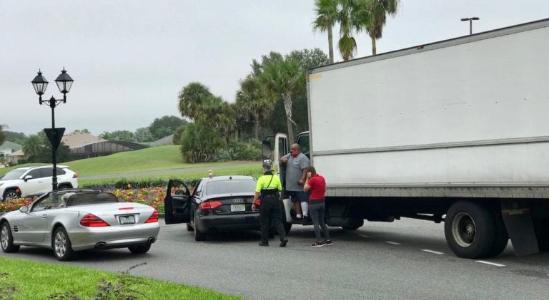 Driver of truck ticketed after crash in roundabout in The Villages