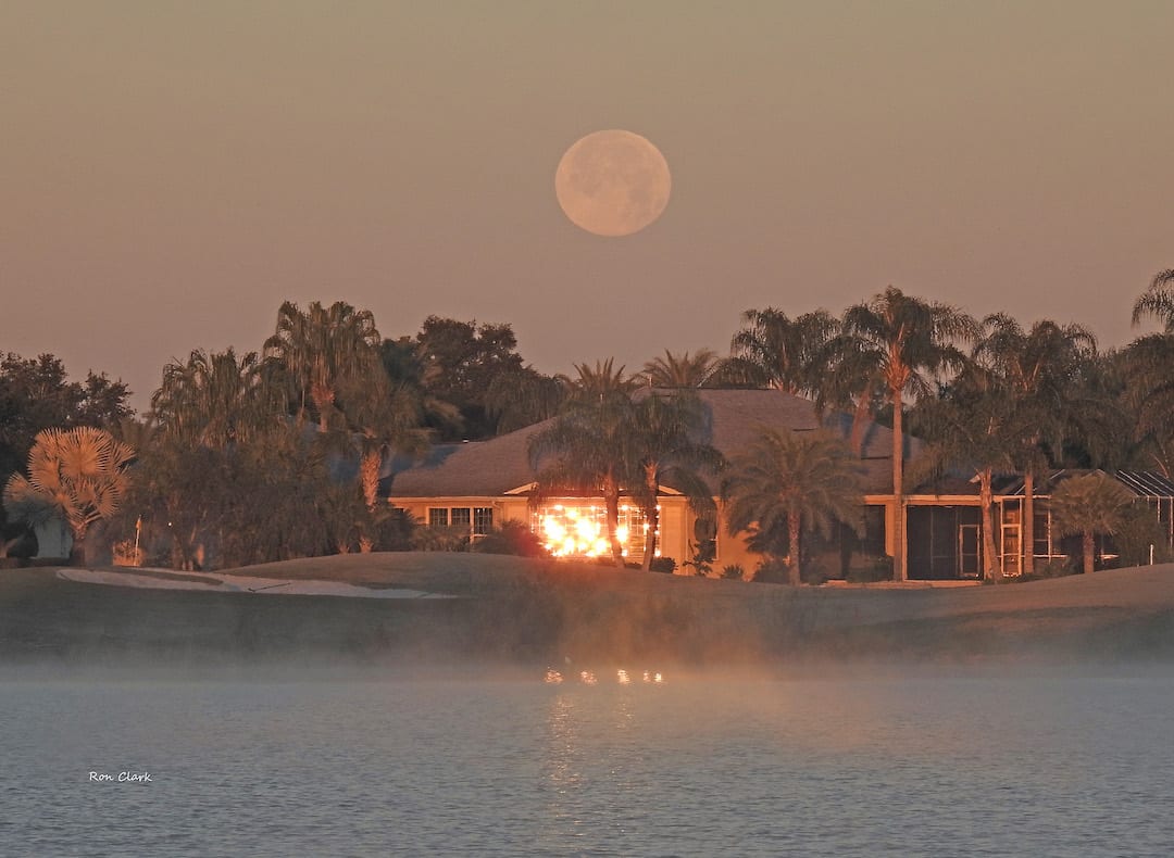 Full Moon Setting Over Lake Sumter At Sunrise