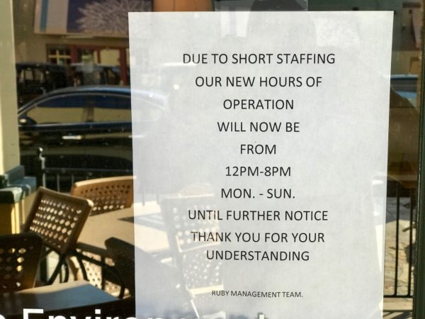 A sign posted at Ruby Tuesday in The Villages explains the result of the staffing shortage at the restaurant