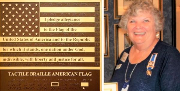 Claudia Jacques and the bronze Braille U.S. Flag monument