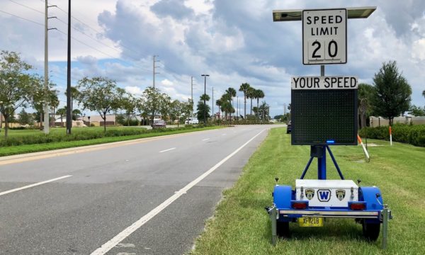 The Wildwood Police Department has a device set up at Warms Springs at Fenney Way warning against speeding through the roundabout