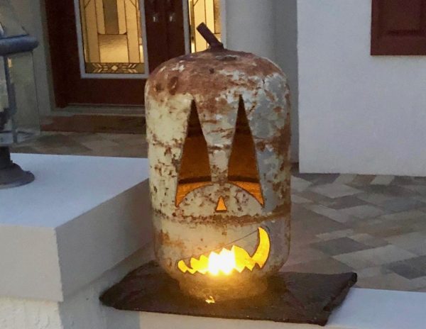 A Villager in Osceola Hills at Soaring Eagle has created a Jack O Lantern out of an old propane tank