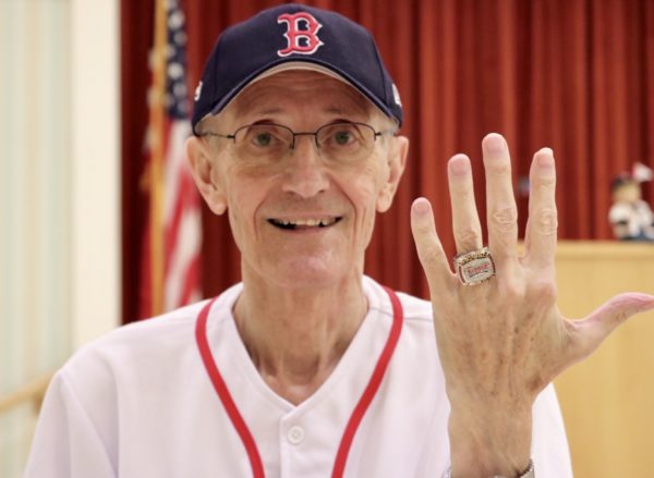 Art Plant wearing his Red Sox uniform proudly exhibits his unique founders ring