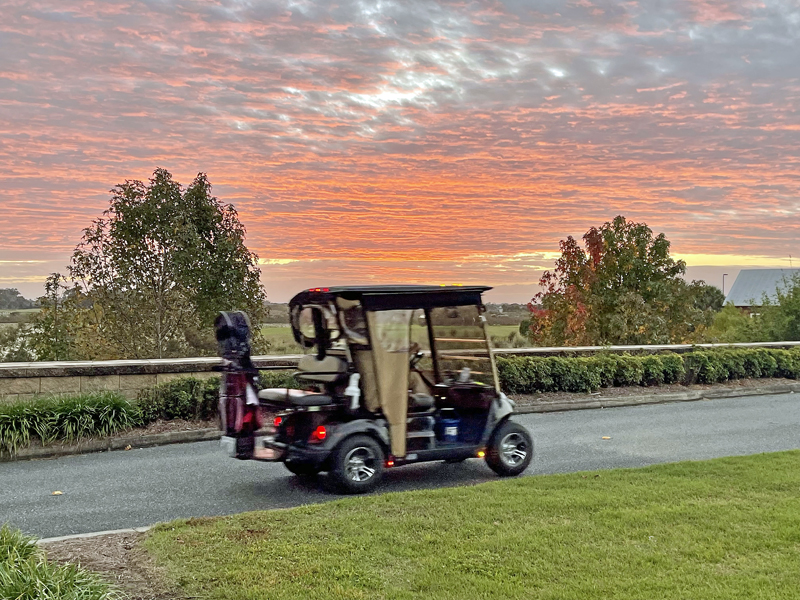Beautiful Sunrise Behind Golf Cart At Evans Prairie Golf Course In The Villages