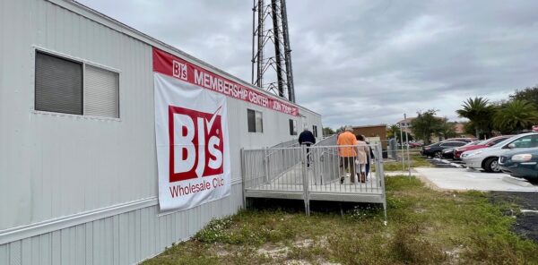 A trailer has been set up as a sales office for BJs Wholesale Club memberships A trailer has been set up as a sales office for BJs Wholesale Club memberships