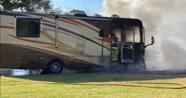 Firefighters extinguished the fire which broke out in the RV traveling on Buena Vista Boulevard