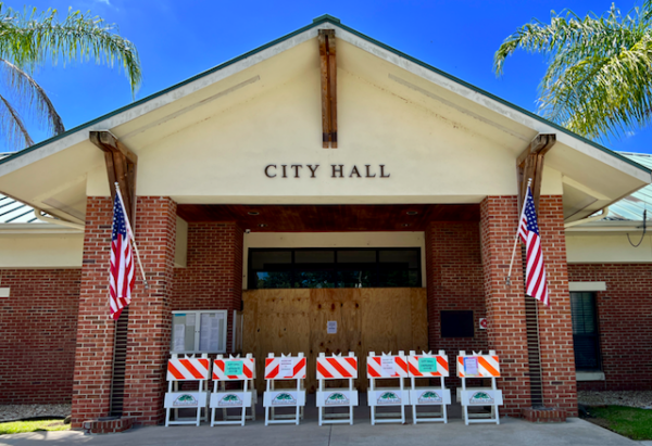 Barriers are up at the entrance to Fruitland Park City Hall