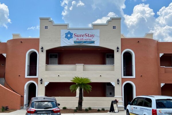 A Sure Stay banner is hanging from the old La Hacienda Hotel in The Villages