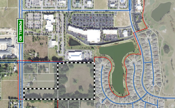 The dotted lines show the proposed location of the Townhomes at Powell behind Buttercup Way in the Village of Pinellas