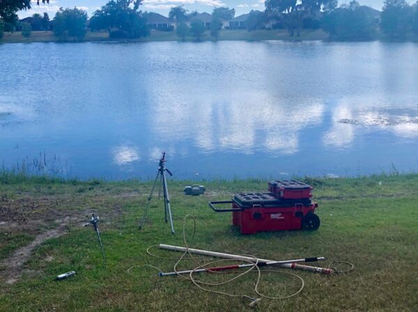 The trapper had equipment set up at the pond