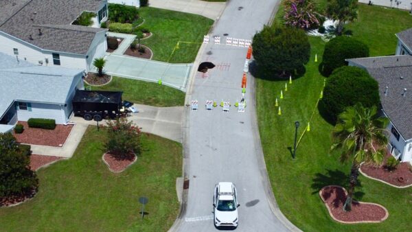 An aerial view of the sinkhole in Village of Springdale