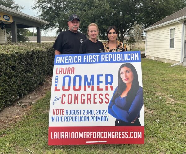 Candidate Laura Loomer with the owners of Kelleys Lunch Box Badges Tavern in Bushnell Candidate Laura Loomer with the owners of Kelleys Lunch Box Badges Tavern in Bushnell