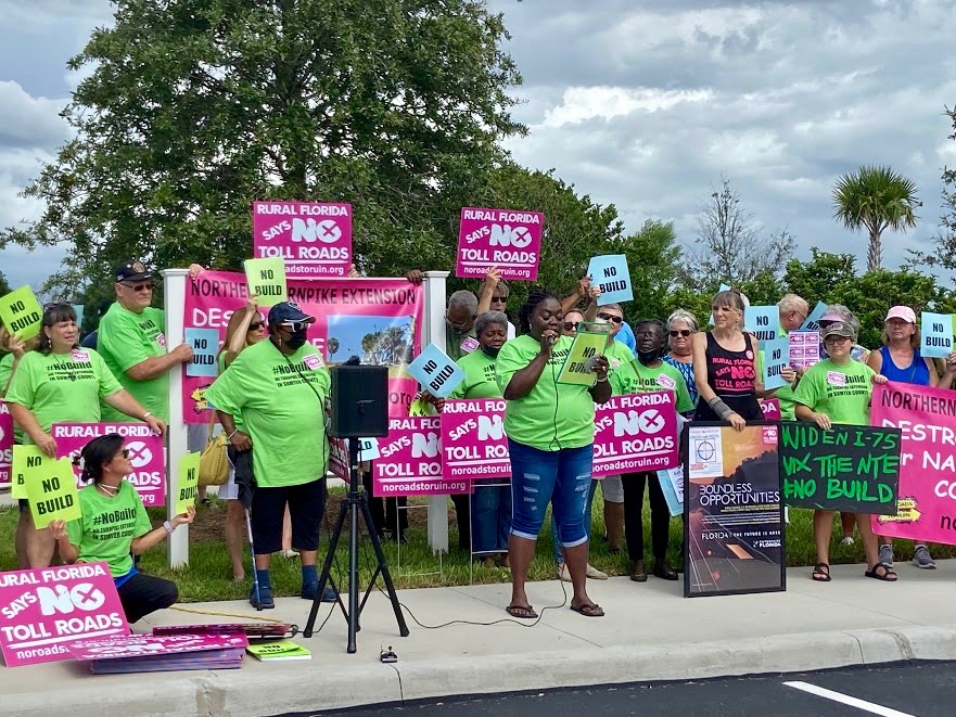 Protesters took their press conference outside Tuesday at the Everglades Recreation Center.