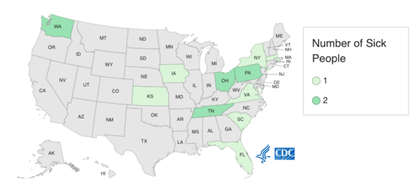 This map shows where the salmonella outbreaks have occurred