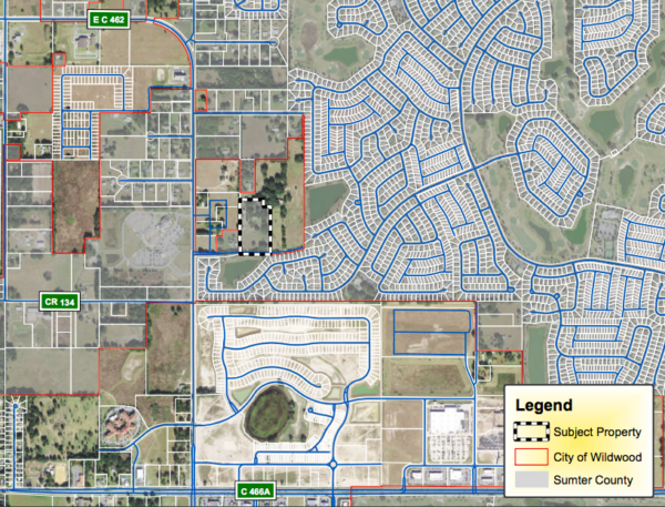The dotted lines show the location of Wildwood Landing Phase 2. The project will back up against The Villages shown at right.