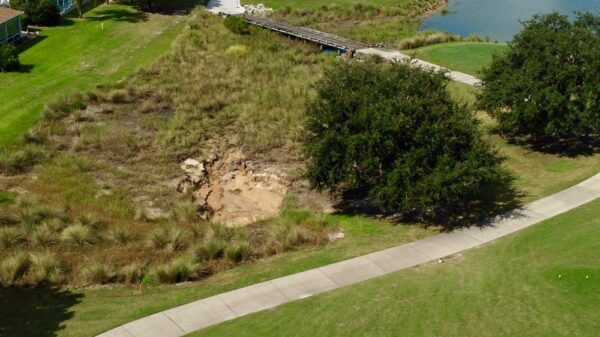 A large sinkhole has opened up about 100 feet from the 6th green of the Ashley Meadows Nine of the Lopez Legacy golf course