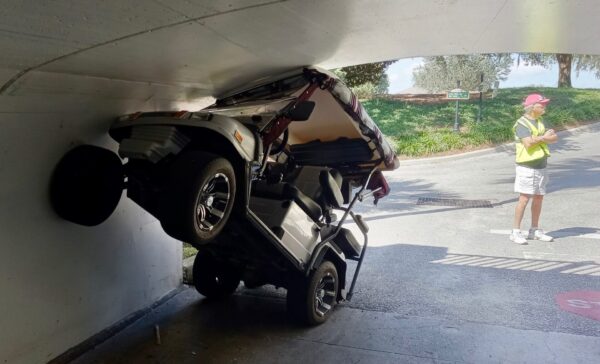 The driver of this golf cart escaped injuring in a mishap at the tunnel at Southern Trace and Buena Vista Boulevard
