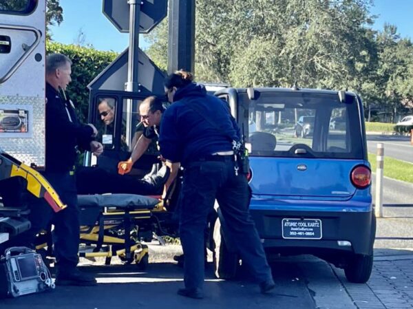 Members of The Villlages Public Safety Department freed the driver from the Atomic golf cart Friday afternoon following the crash