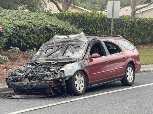 The engine compartment of this car was destoyed in a blaze Friday afternoon a