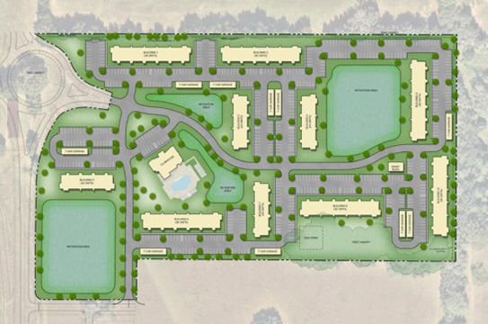 The layout of the apartment complex with the roundabout that can be seen in the upper left hand corner