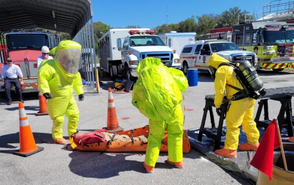 Fire and emergency medical services teams from Sumter County Citrus County and Hernando County perform a hazmat drill at a recent three day training event.