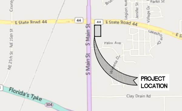 This map shows the proposed location of the Wawa at State Road 44 and U.S. 301