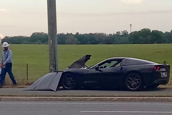 A Corvette crashed into a power pole Sunday evening on County Road 466 across from Spring Arbor