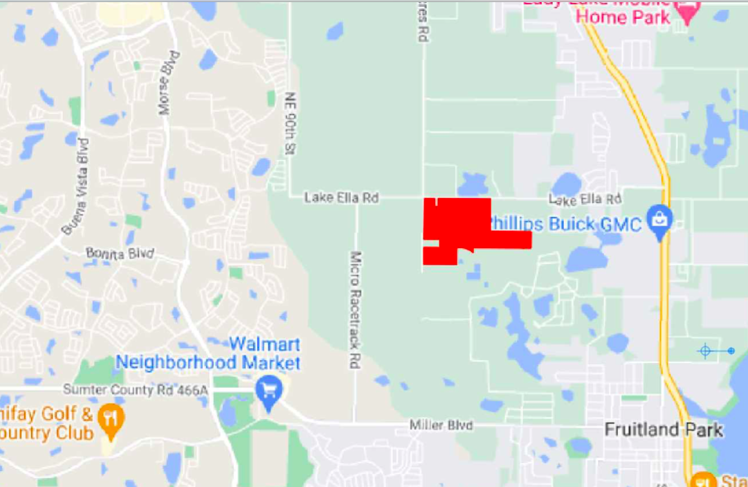 This map shows the proposed location of the development at Rolling Acres Road and Lake Ella Road