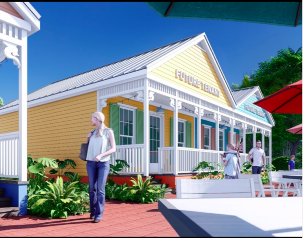 This rendering shows a possible design for the eateries with outdoor dining