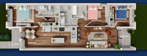 The floor plan for a three bedroom, two bath model at Keys at Wildwood