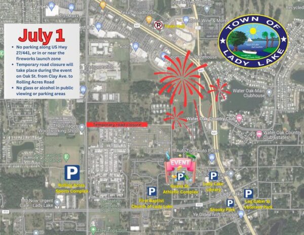 There will be plenty of locations from which to view the fireworks display in Lady Lake