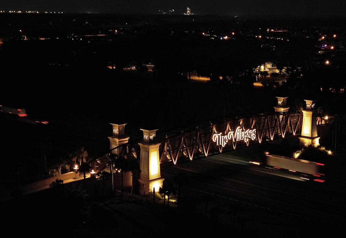 The Water Lily Bridge for golf carts in The Villages at night