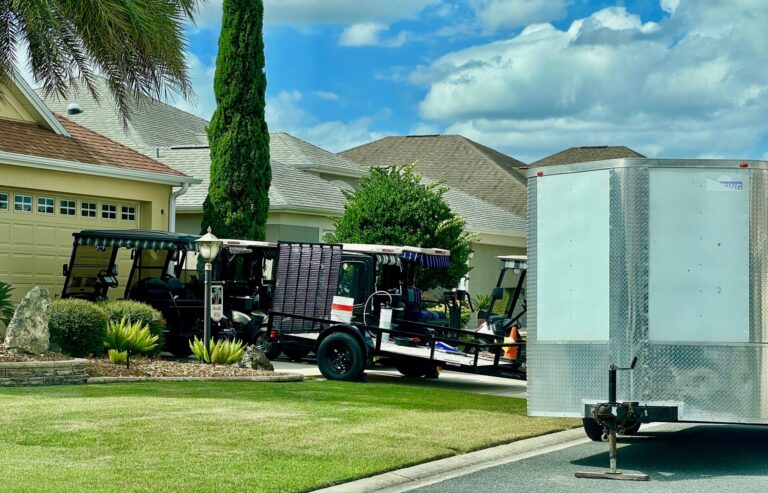 Golf carts and trailers were parked Tuesday morning at the home on Journey Lane in the Village of Sanibel