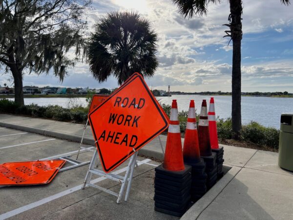 Signs and cones have been staged at Sunset Park in anticipation of the project
