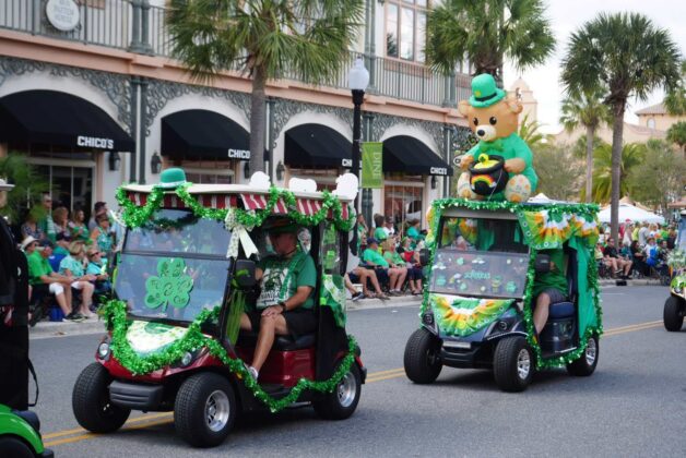 Festive golf carts at 2024 St. Patrick's Day Festival in The Villages