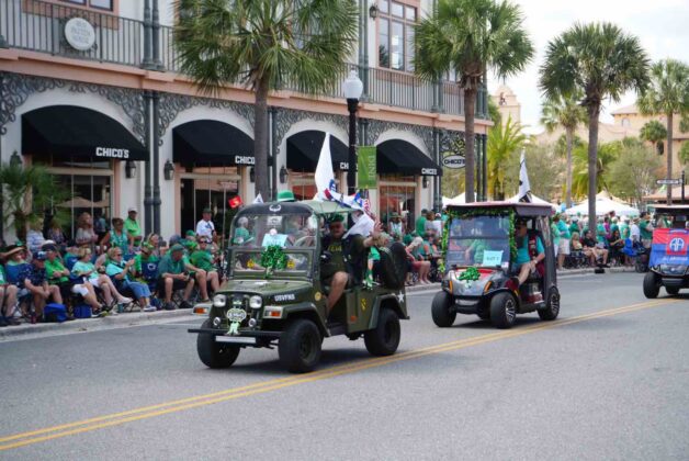 Military themed golf cart at 2024 St. Patrick's Day Festival in The Villages