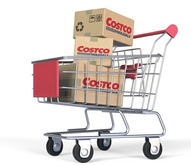 Boxes with COSTCO WHOLESALE logo in shopping cart. Editorial 3D rendering