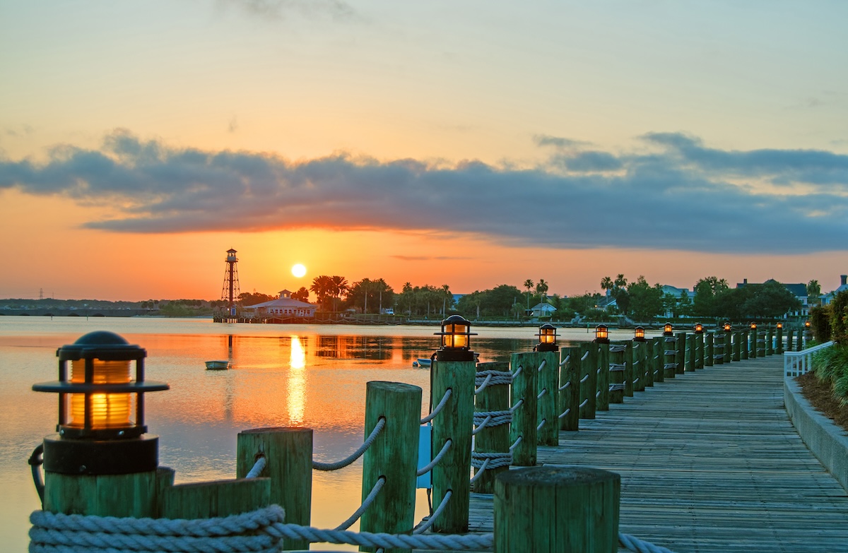 Beautiful sunrise on boardwalk at Lake Sumter