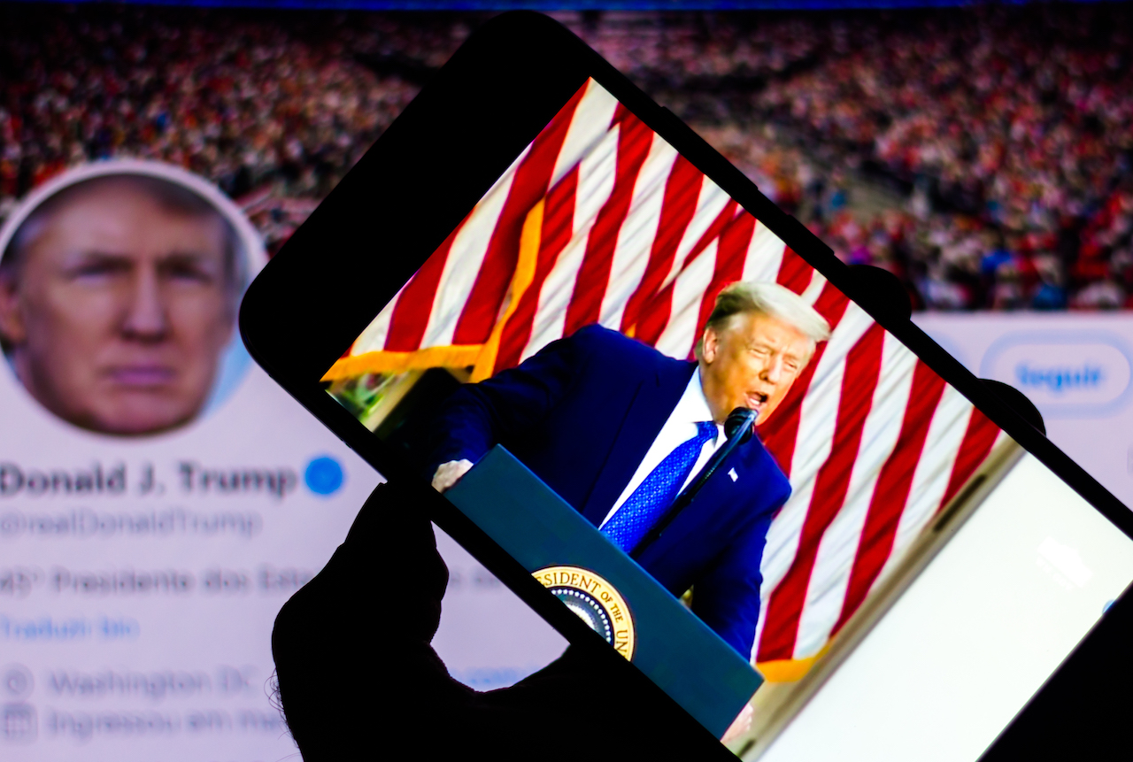 June 5, 2020, Brazil. In this photo illustration speech by Donald Trump, President of the United States, on the smartphone. In the background, Trump's official Twitter page