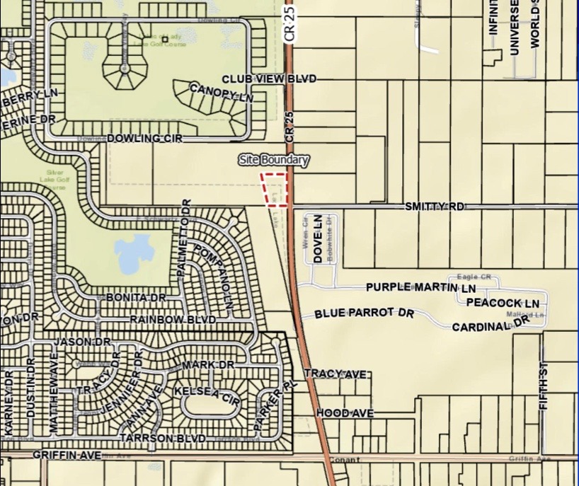 The red dotted lines show the location of the restaurant to be located behind The Villages