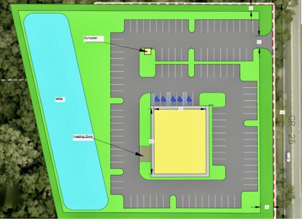 This diagram shows the layout of the prposed restaurant, the parking lot and a water retention area. This diagram shows the layout of the prposed restaurant, the parking lot and a water retention area.