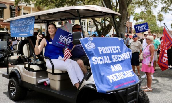 Barbie Harden-Hall hauled her golf cart to The Villages to join in the Kamala Harris rally. Barbie Harden-Hall hauled her golf cart to The Villages to join in the Kamala Harris rally.