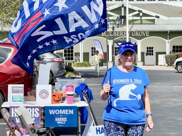 Pam Kearney waived her Harris Walz flag in the Mulberry Grove parking lot. Pam Kearney waived her Harris Walz flag in the Mulberry Grove parking lot.