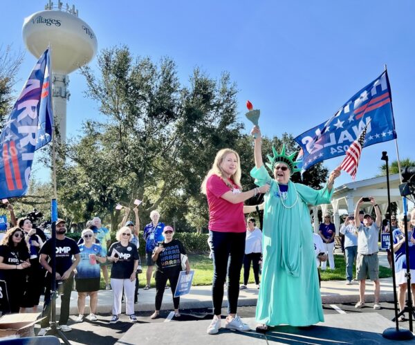 Senate cannidate Debbie Mucarsel Powell was joined on the stage by the Statue of Liberty A K A Maxine Lubow of the Village of Sanibel Senate cannidate Debbie Mucarsel Powell was joined on the stage by the Statue of Liberty A K A Maxine Lubow of the Village of Sanibel