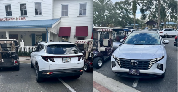 This vehicle was straddling the line while parked at City Fire at Lake Sumter Landing This vehicle was straddling the line while parked at City Fire at Lake Sumter Landing