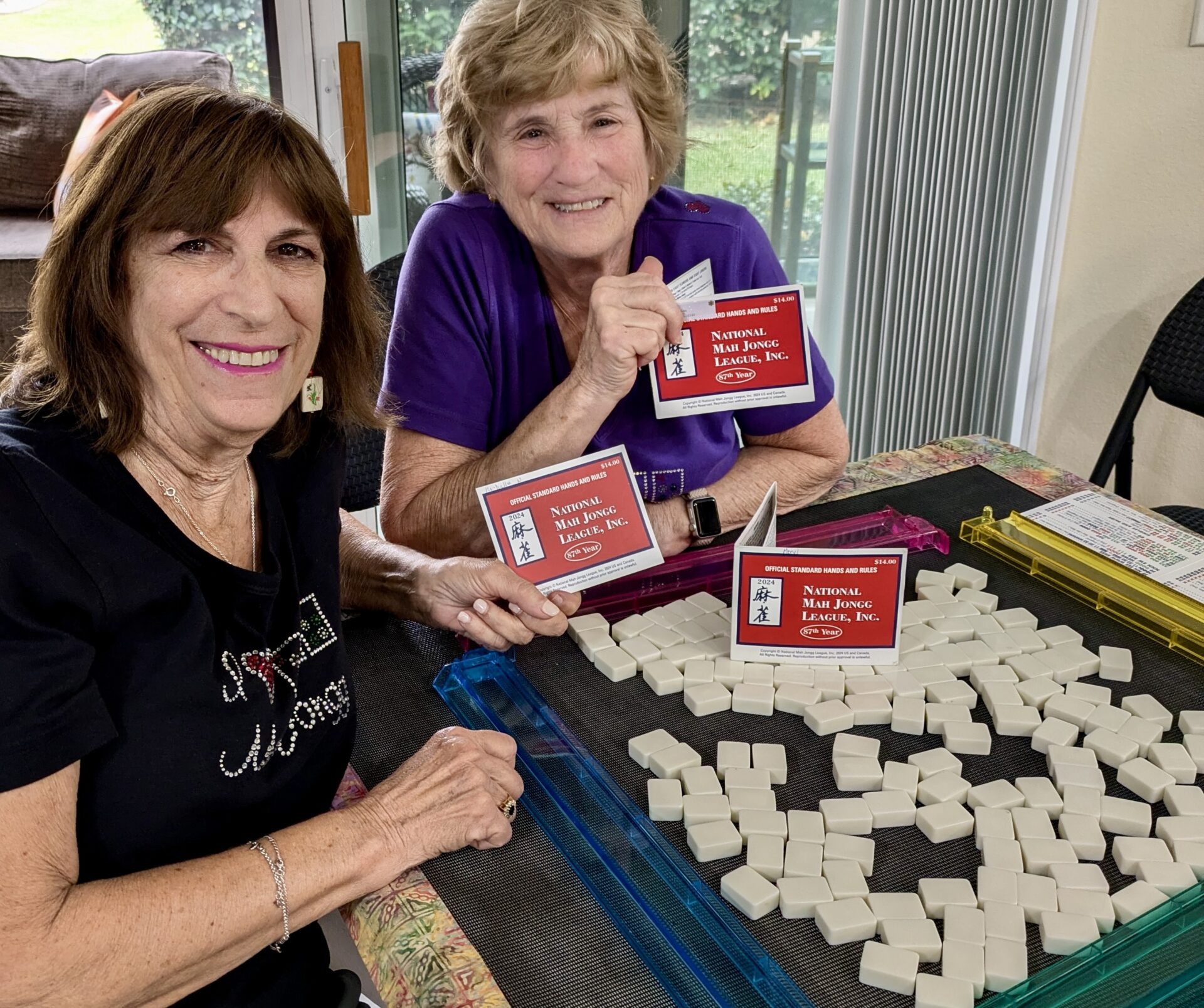 Meryl Simon from Pine Ridge and Carolyn Cass of Mallory. Square They are the CoChairs of the Mah Jongg Cards for Temple  Shalom this year.