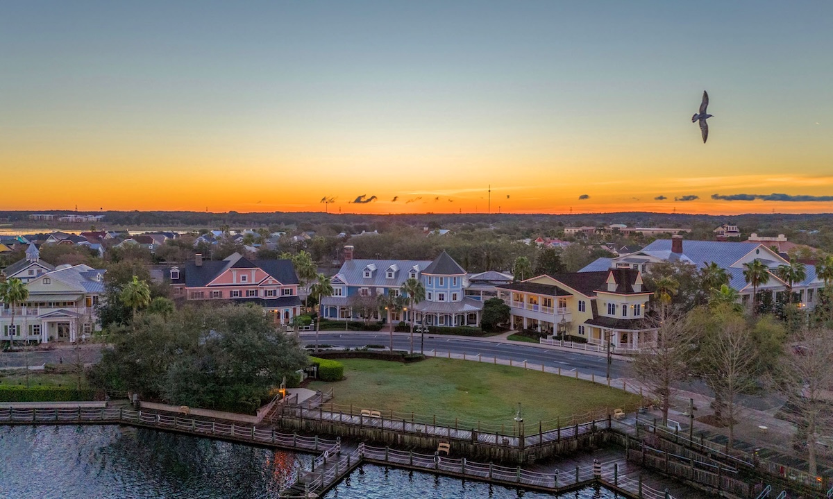 Drone view of Lake Sumter Landing at sunrise