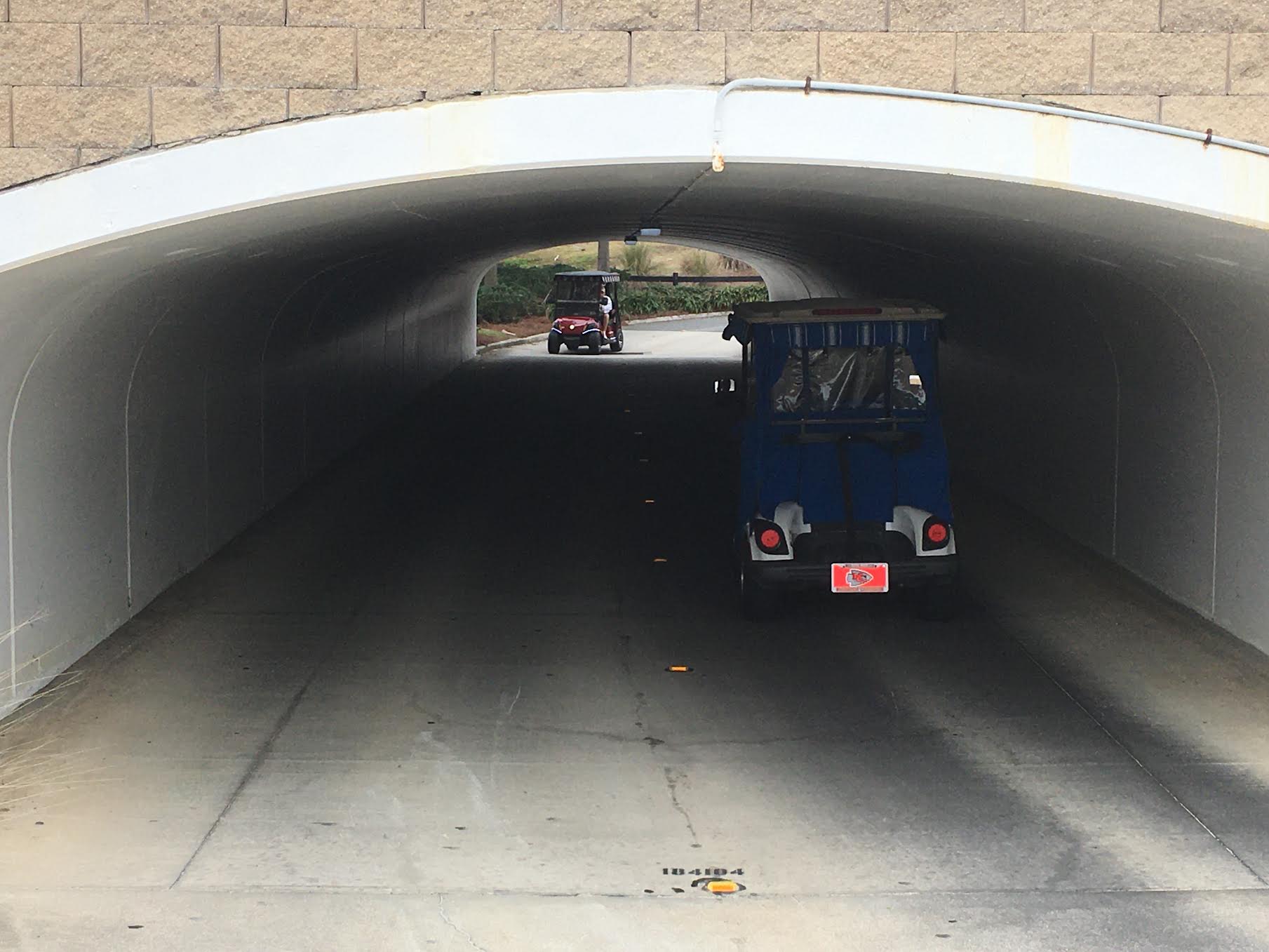 Two golf carts travel through tunnel at Turtle Mound:Sandhill