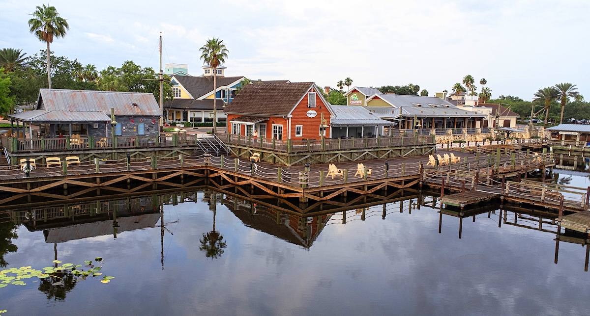 Drone shot of boardwalk at Lake Sumter Landing Drone shot of boardwalk at Lake Sumter Landing